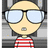 Pixelated character with large glasses and striped shirt on red background with partial text.