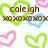 Pixelated image with brown text 'caleigh' and repeated 'xo' symbols surrounded by green, blue, and pink heart outlines on white background.