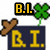 Pixelated icon with four showing text variations: 'B.I.', 'TEAM', 'IS', 'AWESOME' above dark blue 'B.I.' blocks, brown X, green clovers, and yellow text on black backgrounds