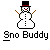 Pixelated snowman with black top hat, red band, brown stick arms, and red nose, standing above "Sno Buddy" text on gray background.