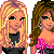 Pixel art contact sheet of 14 animated frames showing female cartoon characters in various poses and outfits with overlaid text.