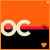 Animated contact sheet showing five frames of a pixelated orange and black buddy icon with "OC" text, heart symbols, and small tree silhouettes against an orange sky background.