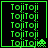 Green pixelated text repeats vertically with a small alien figure in the bottom-right corner of each