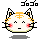 Pixel art contact sheet of two animated frames showing a white cat-like mascot with orange stripes and red cheeks, displaying different facial expressions against a gray background.