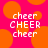Pixelated text 'cheer' and 'CHEER' in white on a bright pink background with orange circles.