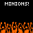 Pixelated orange and black animation with 'MINIONS!' text above a crowd of raised hands on a black background.
