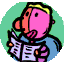 Four circular pixelated images of a pink-skinned character with yellow hair reading a document, each showing different clothing colors and background shades.