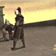 Animated sequence of a character with skull face, dark robe, and topknot performing martial arts moves against background figures.
