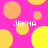 Pixelated pink background with yellow and orange circles; four instances of 'JENNA' text in white pixel font; some circles are split halves.