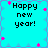 Pixelated cyan background with black text reading 'Happy new year!' in four quadrants, surrounded by pink and light blue decorative elements.