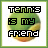 Pixelated text 'TENNIS IS MY FRIEND' over a blurred green-yellow gradient circle with white background and green border.