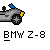 Pixelated gray BMW Z-8 convertible with blue soft top and yellow accents, displayed in a of showing partial vehicle views