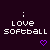 Pixelated text reads 'love softball' with two purple hearts below, displayed in a mirrored layout on dark background.