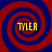 Four identical spiral patterns with red and blue concentric circles, each containing the text 'TYLER' in yellow block letters.
