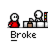 Animated contact sheet of a pixel art buddy icon showing four frames with text bubbles and sequential character actions at a cash register, each frame labeled "Broke" below the animation sequence.