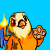 Pixelated cartoon bird mascot in orange robe holding torch with flame, displaying paw print and particle effects across three animation frames.