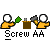 Pixel art of two yellow-shirted figures holding tools near a brown container with text below.