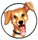 Pixelated dog head with brown fur, black nose, pink tongue out, green collar inside circular frame on gray background.