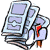 Pixelated icon shows stacked documents with a red bookmark, light blue and purple hues, and black outlines on a gray background.