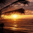 Pixelated sunset/sunrise image with purple background and text options, showing water reflection of a bright sun near the horizon.