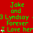Red background with green text reading "Jake and 3 Lyndsay Forever I Love her" repeated in a , some instances featuring white star symbols