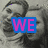 Black-and-white photo of two people with pink and blue text overlays changing across frames.