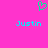 A static pixel art image with a bright pink background, featuring two identical cyan text 'Justin' labels and one green heart symbol above them.