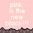 Pixelated text 'pink is the new black!!!' repeated across a pink background with brown pixelated borders, transitioning to partial visibility in later frames.