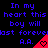 Blue text on black background repeats 'In my heart this boy will last forever A.A.' with red triangular icons containing pixelated hearts.