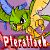 A 4-frame animated contact sheet showing a green cartoon pteri with blue horns and yellow wings in various poses, each frame featuring red text reading "Pierattack" below the character against a purple background.