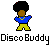 Pixel art character with afro hairstyle in multiple color variations, each wearing distinct shirt and pants combinations beneath "Disco Buddy" text labels.
