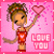 Pixelated cartoon-style icon of a female character in red outfit holding heart-shaped object against pink background with "LOVE YOU" text.