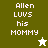 Pixelated text 'Allen LUVS his MOMMY' on two-tone backgrounds with a star icon, transitioning between color schemes.