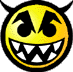 Yellow circular face with black horns, sharp white teeth, and red eyes in various states of animation.
