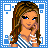 Pixel art contact sheet of an animated AIM buddy icon showing a cartoon woman and text frames with blue-and-white color scheme.
