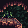 Pixel art scene showing a cave interior with stone platforms, green crystalline formations, and hanging stalactites against dark background.