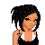 Pixelated character with dark curly hair, green eyes, black top with white trim, pink heart on shoulder strap, and black high heels.