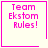 Four identical pixelated display "Team Ekstom Rules!" text with pink borders and a heart or star symbol in the bottom-right corner of two
