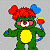 A pixelated cartoon character with green skin, red hair, and a yellow belly holding a lollipop on the left side of a contact sheet; right side shows "Original Icons .com" text in bright green on dark green background.
