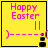 Yellow square with pink "Happy Easter" text and a dashed line leading to a black chess piece icon, showing animation changes in the chess piece's position.