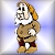 Pixelated character with long brown hair, white beard, brown tunic, red pants, and brown boots stands against light blue gradient background.