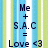 Pixelated text on a striped background reads Me + S.A.C = Love <3 with blue and green vertical stripes.