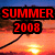 Pixelated sunset scene with palm trees and two text overlays: 'SUMMER 2008' on the left, 'WILL ROCK!!!' on the right.