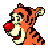 Pixelated cartoon character with orange fur, black stripes, and a red nose holding a white object against gray background.