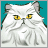 Pixelated white cat with yellow eyes and pink inner ears against a teal background, rendered in low-resolution digital art style.