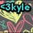 <3kyle text in cyan with black outline on left, kyle<3 in purple on right; yellow and pink shapes below text against gray background.