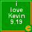 Green square with orange border displays white text 'i love Kevin 9.19' and orange Pac-Man icon in bottom-right corner, animated Pac-Man mouth open and closed across frames.