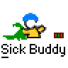 Animated contact sheet of a pixel art character with blue helmet and yellow body holding red stick, surrounded by green dinosaur-like creature and red brick blocks on gray background.