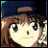 Pixelated anime-style character with brown hair and large eyes, wearing a dark blue cap, next to stylized text on a black background.