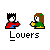 Pixel art of two figures in red and green clothing sharing a kiss, transitioning to heart shapes with star details.
